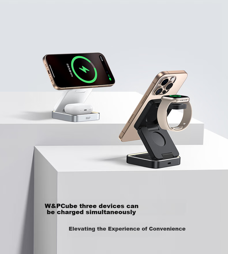 W&P Apple Wireless Charger 3-in-1 Magsafe Magnetic 15W Stand Fast Charging for iPhone 17/16 Pro Max AirPods Earphones iWatch Watch WP 2