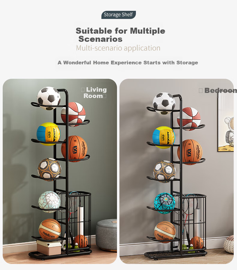 WoJia Basketball Hoop Storage Rack Floor Standing Organizer Home Living Room Toy and Ball Storage Rack Gold 5