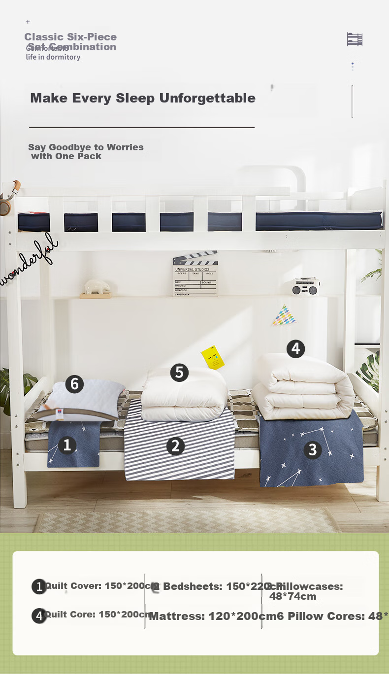 Yunjin All-Cotton Student Bedding Set, Dormitory Bed Six-Piece Set, Bedding Quilt Mattress Full Set, 1.2 Meters, Light Gray 3