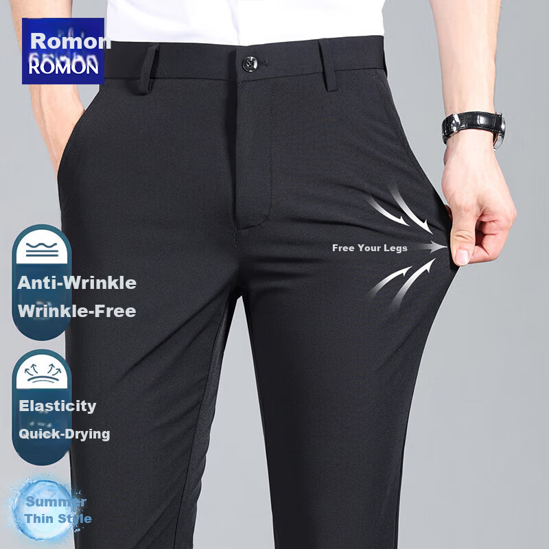 ROMON Men's Dress Pants, Summer Lightweight, Trendy Straight-Leg Loose Fit, Business Elastic Commute Casual Trousers, Men's Clothing, Black, Size 36