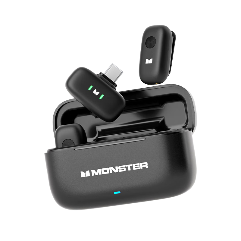 Monster MINI Wireless Lavalier Microphone, AI Noise Reduction, for Streamers, Mobile Phone Live Streaming, Vlog Short Video, N10 Pro Dual-Channel + Charging Case