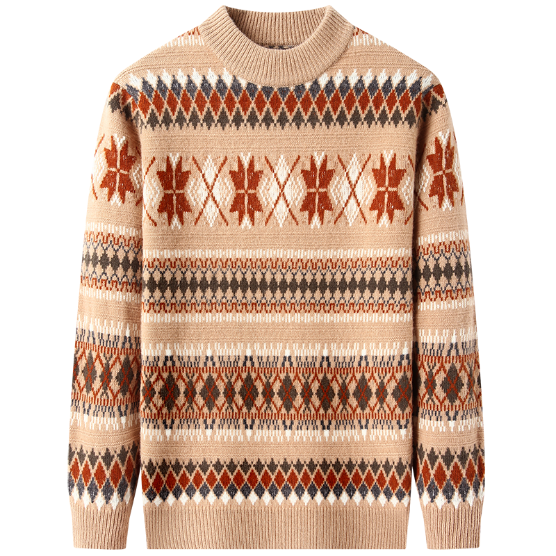 ROMON 100% Pure Wool Men's Sweater Autumn Winter Thickened Warm Half Turtleneck Vintage Pattern Mid-Young Men's Base Layer Sweater