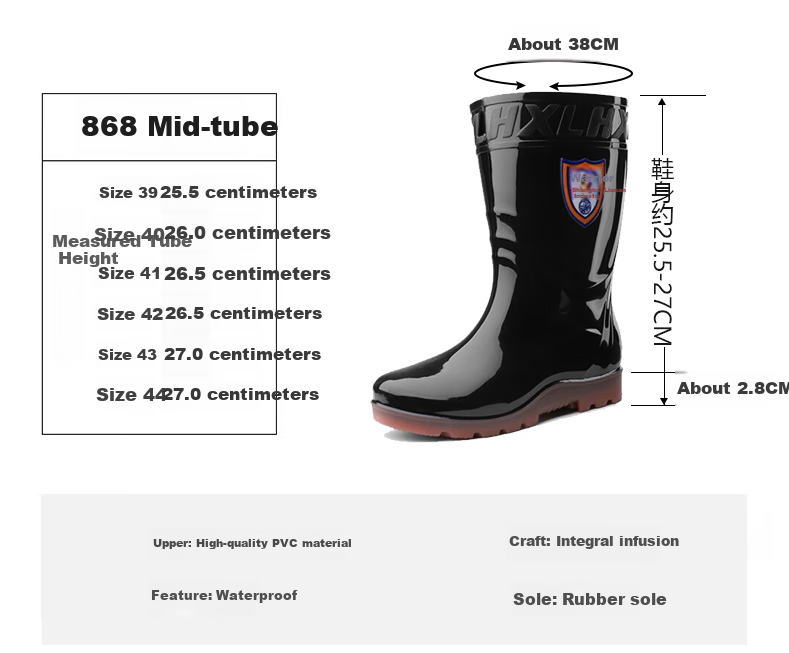 Huili Men's Stylish Rain Boots, Outdoor Waterproof Non-Slip Wear-Resistant HL868 Tall Black Boots Size 39 4