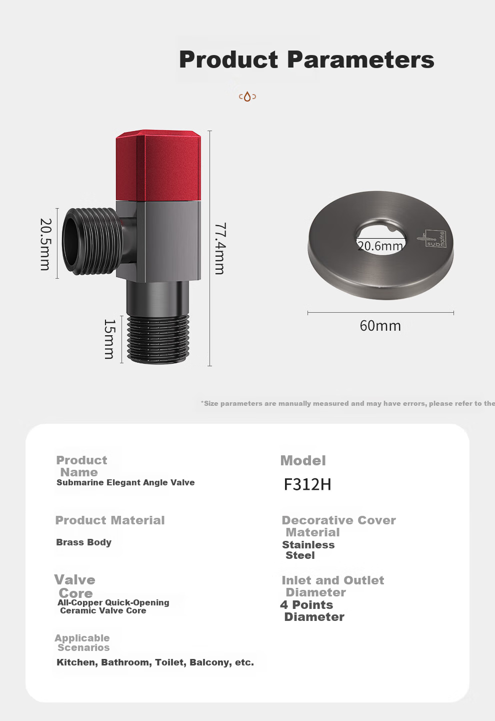 Submarine F312H Brass Thickened Triangular Valve, 1/2 Inch Inlet/outlet Ceramic Valve Core, Gunmetal Gray Hot Water Angle Valve 14