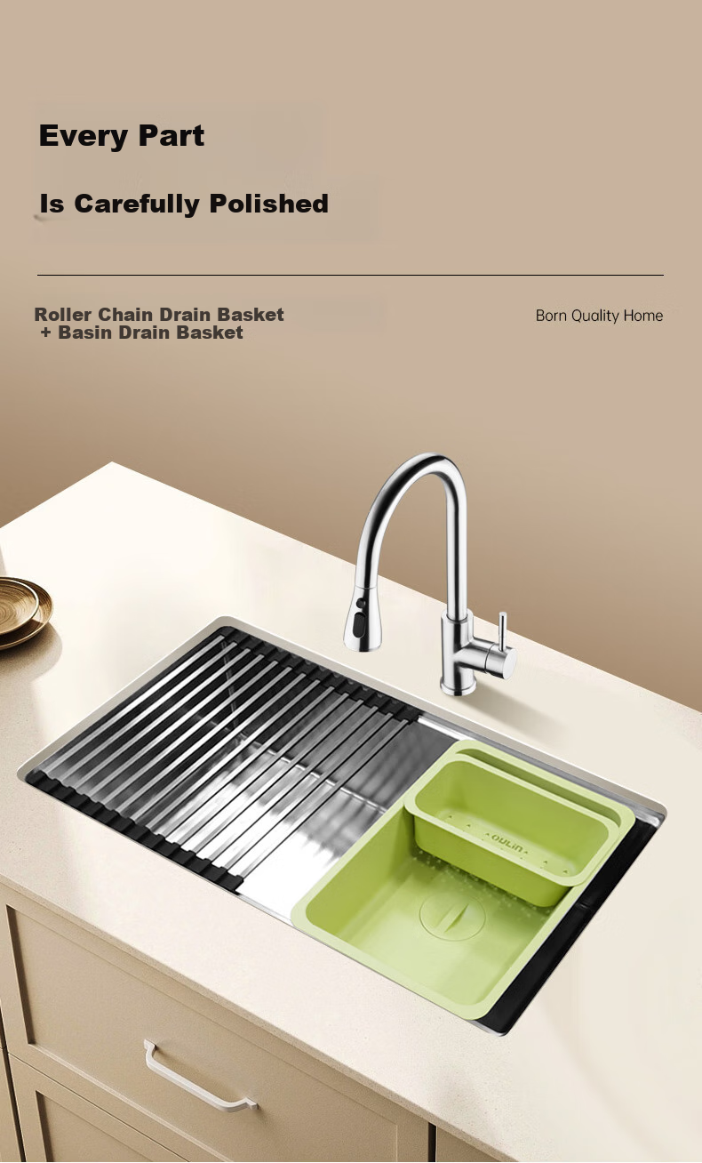 OULIN Kitchen Sink, Large Single Basin Vegetable Washing Sink, Integrated Basin, No Coating, SUS304 Stainless Steel Sink, Pull-Out Faucet, 661 4