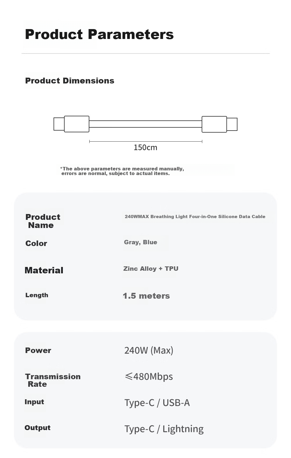 Beimo MAX Car-Specific Data Cable, 240W Four-In Fast Charging Liquid Silicone Wire, Suitable for IPhone 18/17 Pro Max, Apple/Huawei/Xiaomi Phones, 1.5 Meters, Blue 4