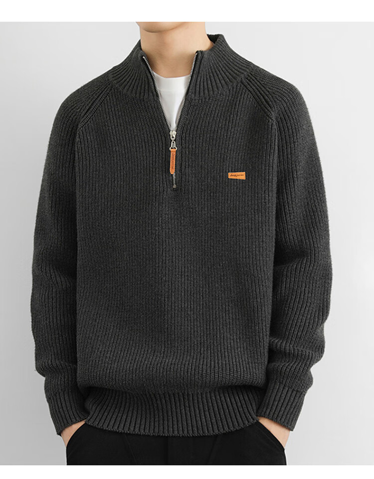 JEEP Men's Winter Thickened Zipper Base Layer Sweater Loose Knitwear Dark Gray M 1