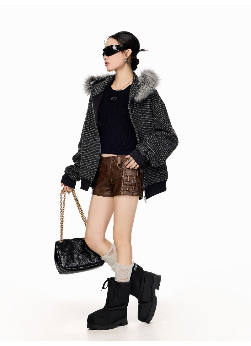ICH MODE Women's American Style Hooded Striped Jacket with Fur Collar Autumn Winter New Zip-up Sweatshirt Cardigan Black M 7