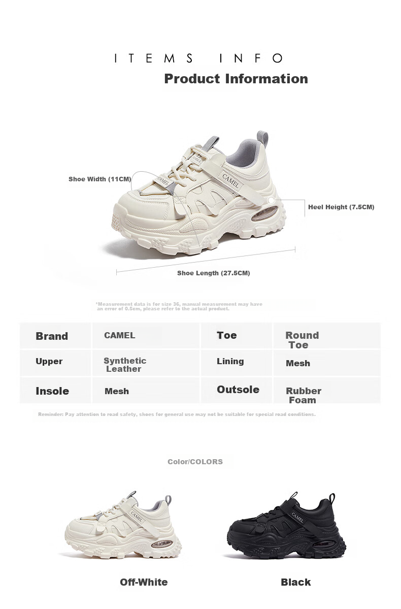 CAMEL Women's Dad Sneakers Comfortable Sporty Style Height Increasing Thick Sole Casual Shoes L25A283126 Black Size 35 13