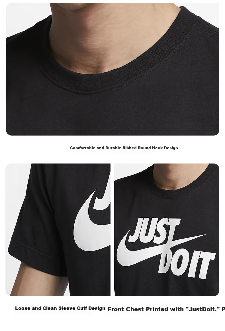 NIKE Spring And Summer Men's Short-Sleeve T-Shirt, Pure Cotton, Sports Casual, Classic Simple Style, AR5007-011, Black, Size L 3