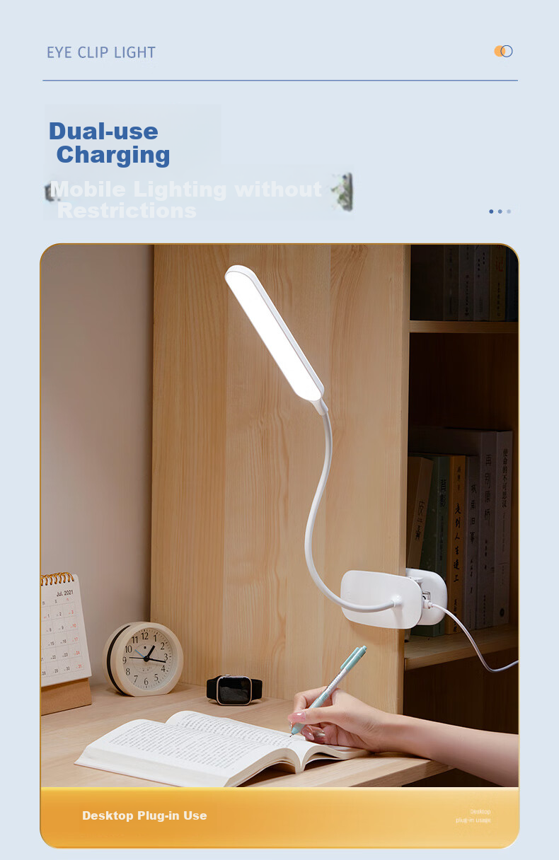 ONEFIRE Rechargeable Clip-On Desk Lamp for College Dormitory, Bedside Eye Protection Light, Long-Lasting Study Lamp, Small Night Light with Clip Stand 11