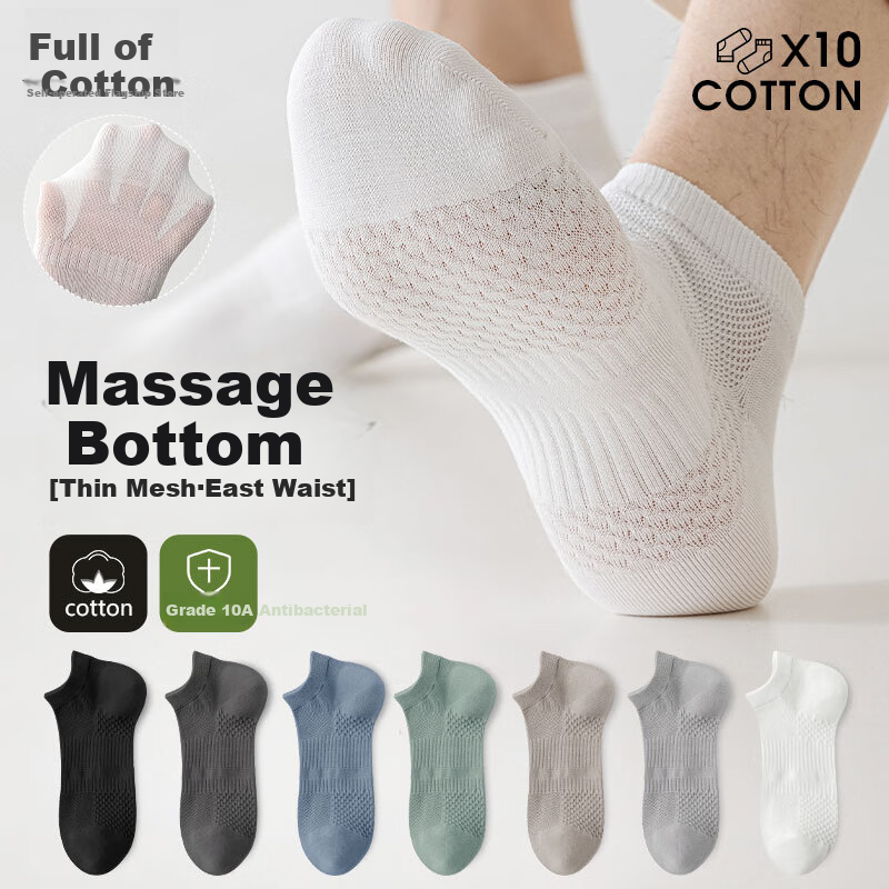 Mianmanman Men's Socks, Xinjiang Cotton Socks, Mesh Breathable Sweat-Absorbing Thin Summer Waist-Cinching Massage Bottom Short Socks, 10 Pairs