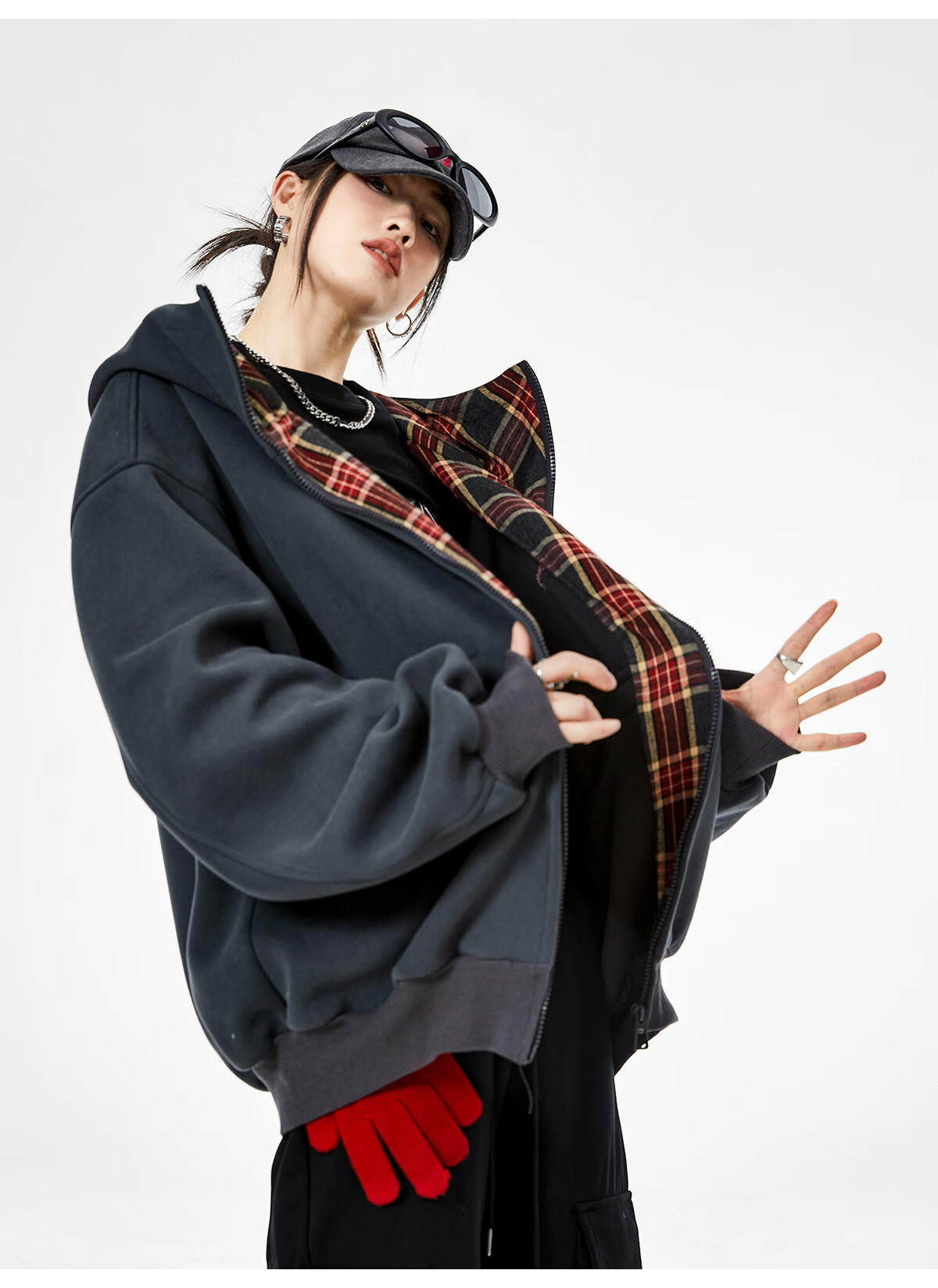 ICH MODE Celebrity Style American Plaid Patchwork Cardigan Sweatshirt Autumn Jacket Sports Cardigan Top Women Heather Gray XL 13