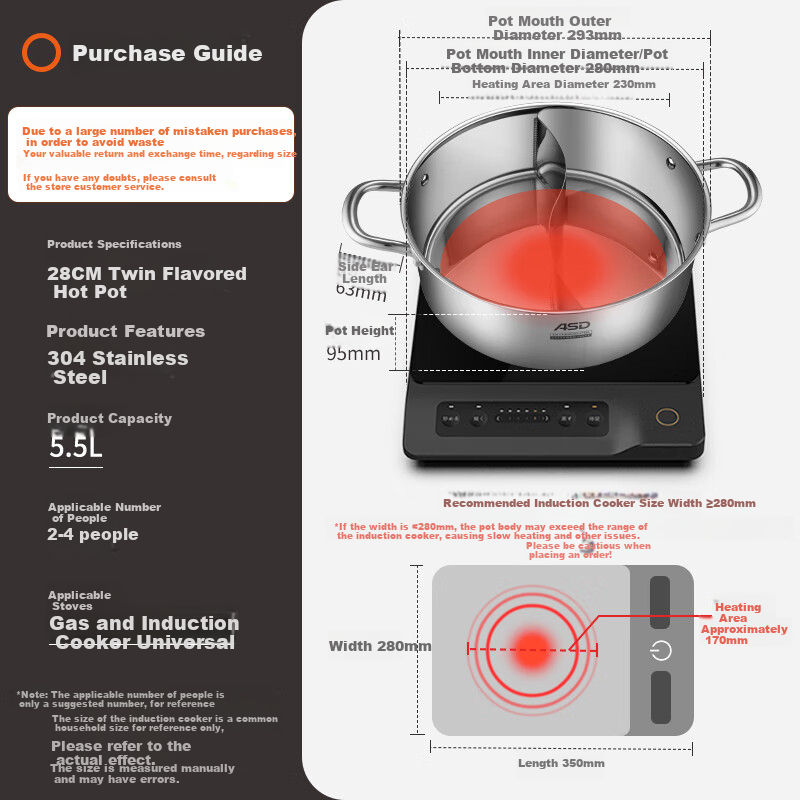 ASD Hot Pot, 304 Stainless Steel, No Flavor Transfer, Yin-Yang Pot, Compatible with Gas And Induction Stoves, 28CM Hot Pot, FS28H3Q
