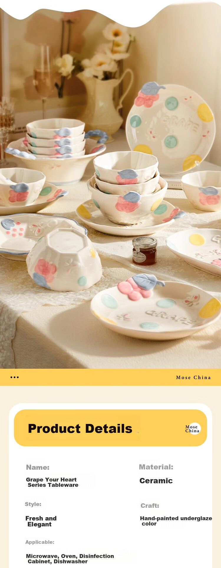 Mose Ceramic Bowl And Plate Set, New Stylish Home Use Tableware, Cute Plates for Housewarming And Wedding, 12-Piece Dinnerware Set 3
