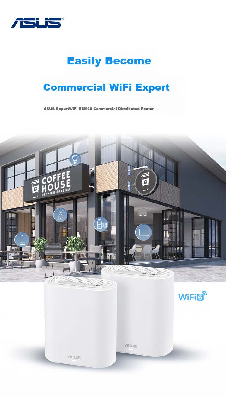 ASUS Enterprise-Grade Router, Tri-Band Gigabit Wireless Router, Commercial And Home Use, Distributed Parent-Child Router, ExpertWiFi Whole-House WiFi 6 Set, EBM68 Dual Units 1