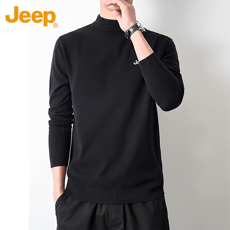 JEEP Men's Winter Sweater Half Turtleneck Knit Thermal Base Layer Black L