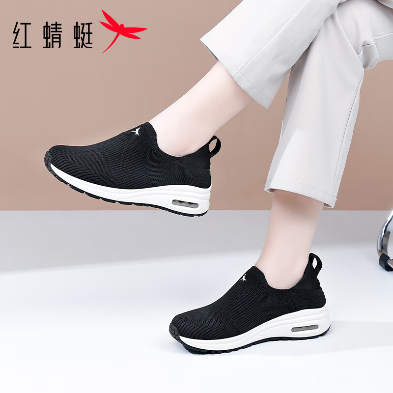 Red Dragonfly Women's Casual Shoes Autumn Breathable Slip-On Lightweight Soft Sole Lazy Height-Increasing Sports Shoes EXB351131 Black Size 37