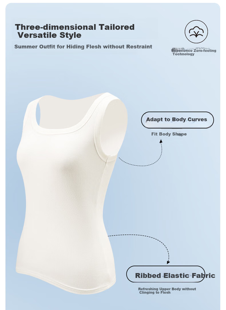 BOPRUIEY Women's Camisole Tank Top with Built-In Bra Pads, Thin Summer Style, Square Neckline, Sleeveless Sports Undershirt, Long Style for Outer Wear 8