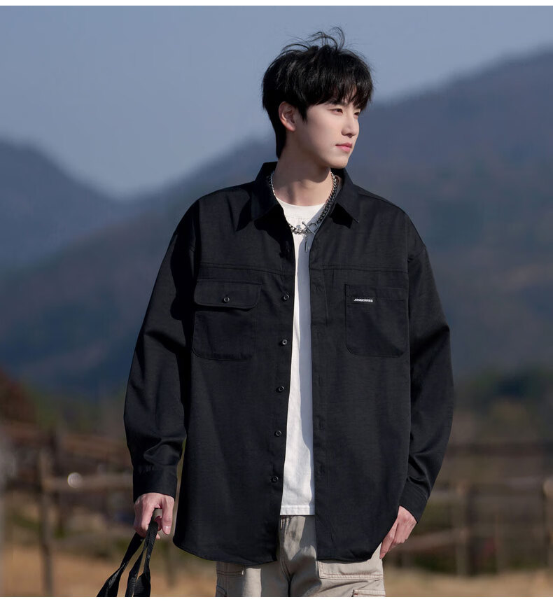 Foss Phil Men's Vintage Casual American Workwear Long Sleeve Shirt Jacket Spring Autumn Black L S581 1