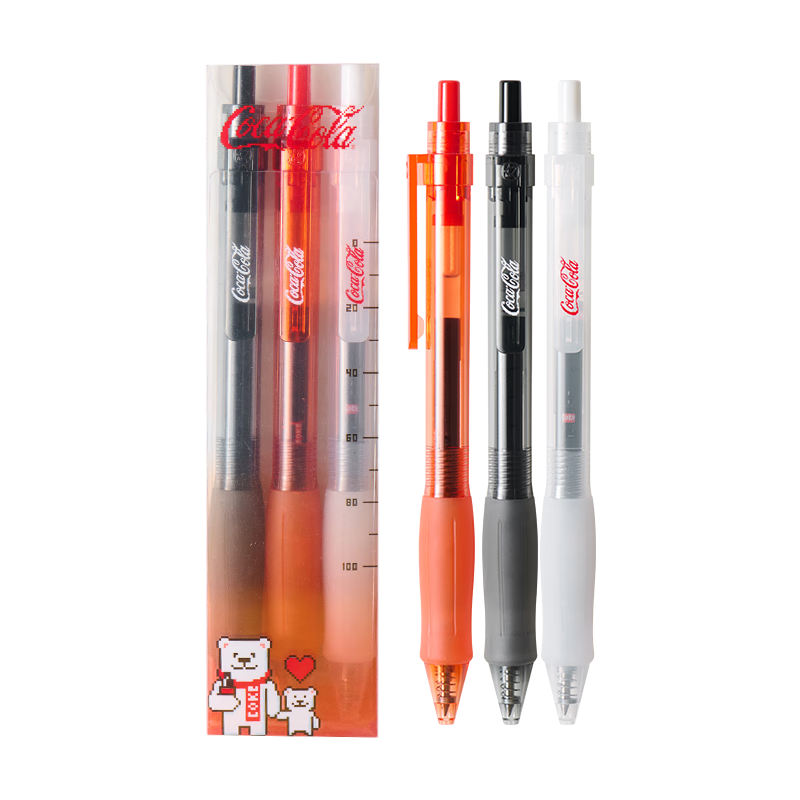 KACO Coca-Cola Co-Branded 0.5mm Retractable Gel Pen Student Exam Pen Ins Stylish Signature Quick-Dry Soft Grip Carbon Black Ink Pen Bear Core Ambition 3-Pack Set