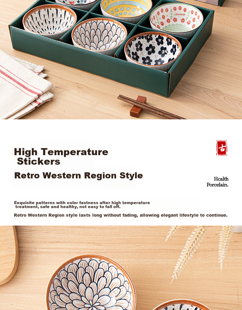 CERAMICS Japanese-Style Gift Box Ceramic Rice Bowls Set with Underglaze Color, Home Dining Utensils, Nordic Style, 4.5-Inch Bowls, Set of 6 1
