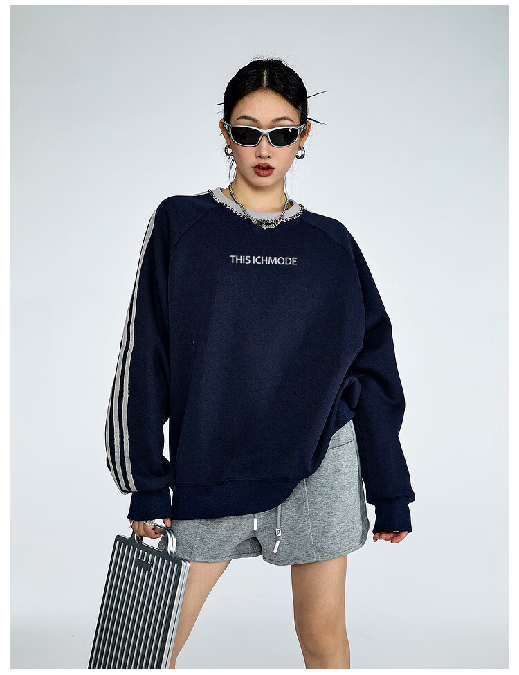 ICH MODE American Style Crewneck Pullover Sweatshirt Vintage Striped Women's Spring Autumn Long Sleeve Loose Sports Jacket Blue M 16