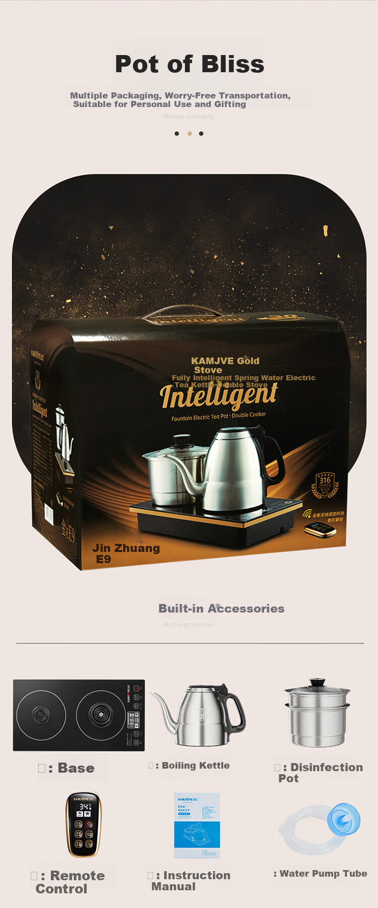 KAMJOVE Fully Automatic Bottom-Filling Electric Kettle Tea Maker, Home Tea Set with Temperature Control, All-In 0.9L Water Boiler E9 4