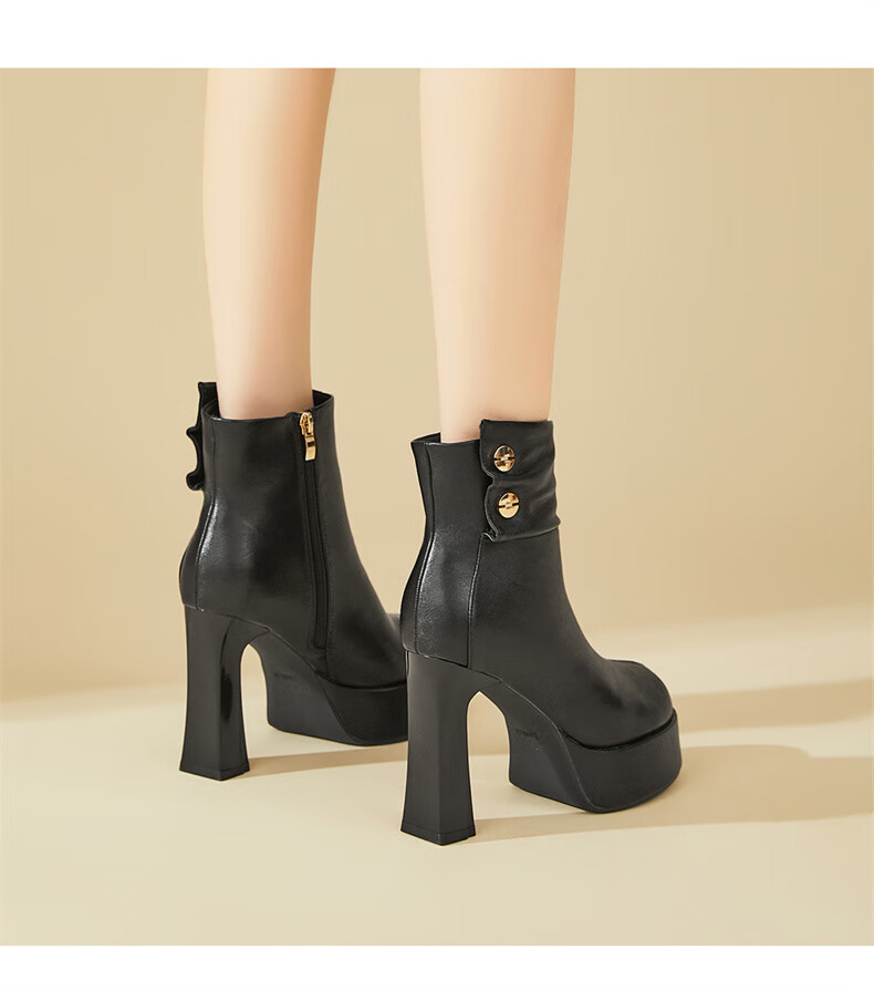 DAPHNE Side Zipper Fashion Elegant High Heel Short Boots Women Thick Heel Fleece-lined Slim Boots Black 37 6