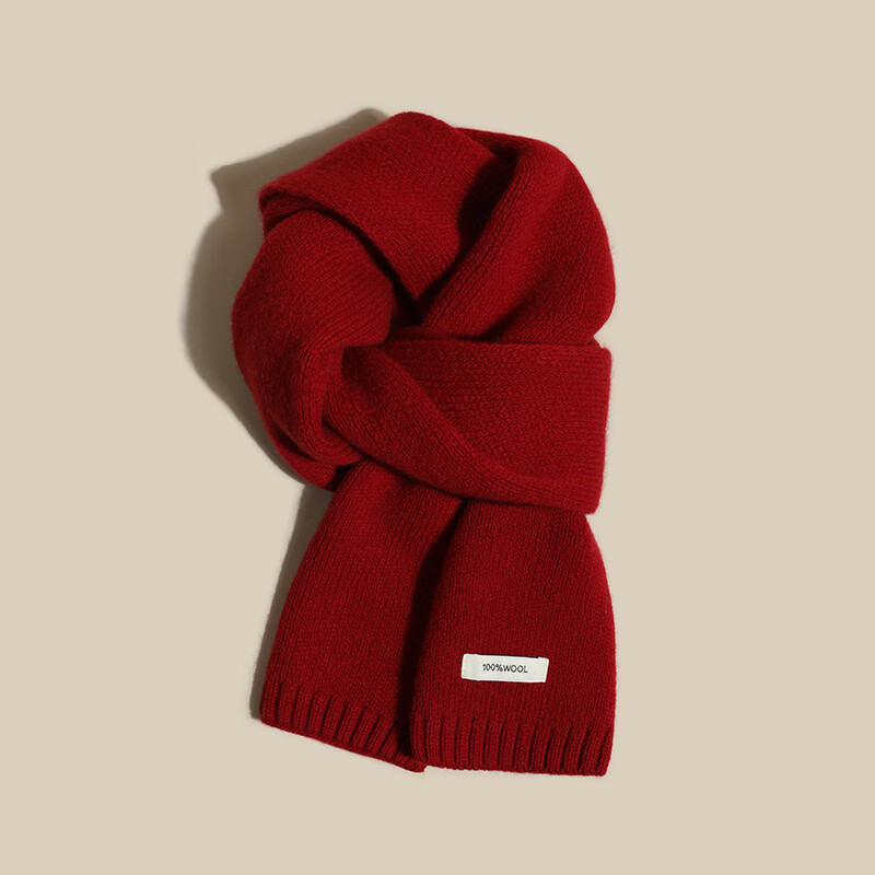 HAOGUAN Red Wool Scarf Women's 2025 New Autumn Winter Korean Style Cozy Knit Neck Warmer Wine Red