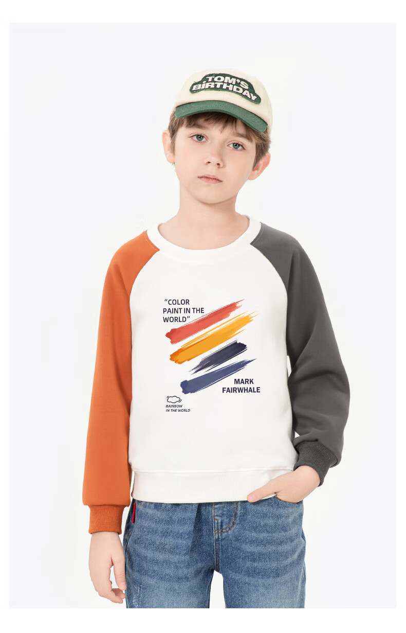 MARK FAIRWHALE Boys' Pullover Sweatshirt Spring and Autumn Crew Neck Raglan Top for Boys White with Green and Blue, Size 110 9