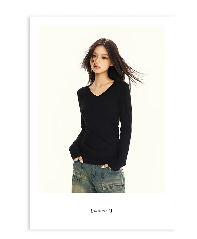 La Chapelle Black V-Neck Long Sleeve Slim Fit T-Shirt for Women 2025 Autumn Winter New Black XL 6