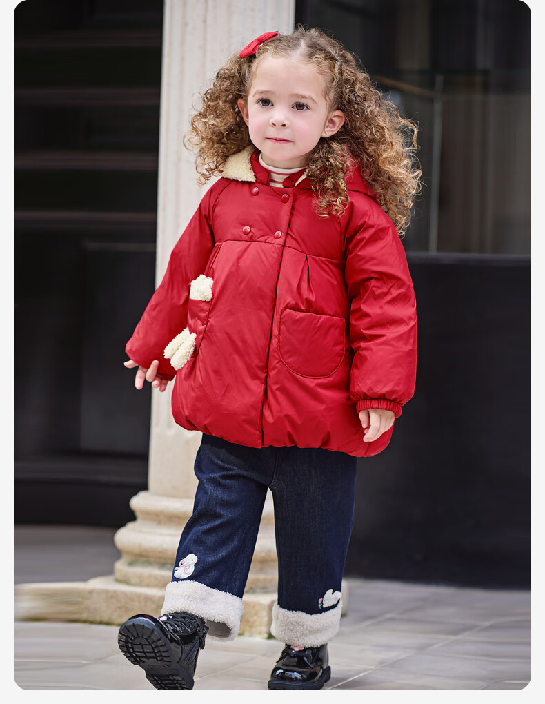 DAVE & BELLA Winter Baby Down Jacket Girls Waterproof Thickened Coat Baby Bear New Year Red Clothes 1