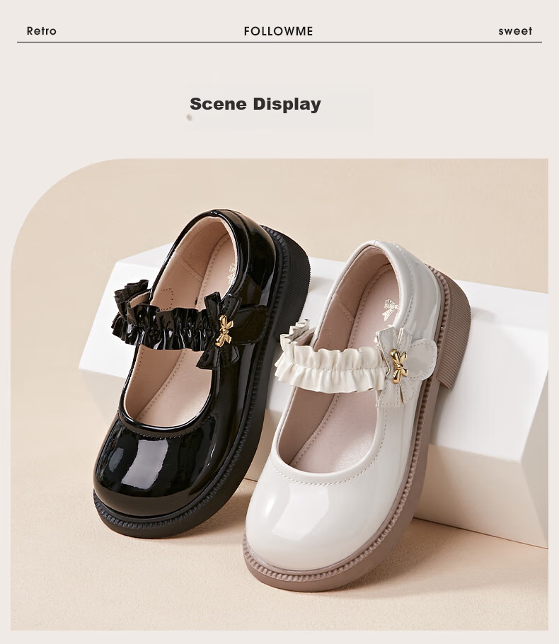 Follow Me Girls' Leather Shoes, Square Toe Breathable Soft-Soled Flats, Children's Fashion School Performance Mary Jane Shoes, Black, Size 28 9
