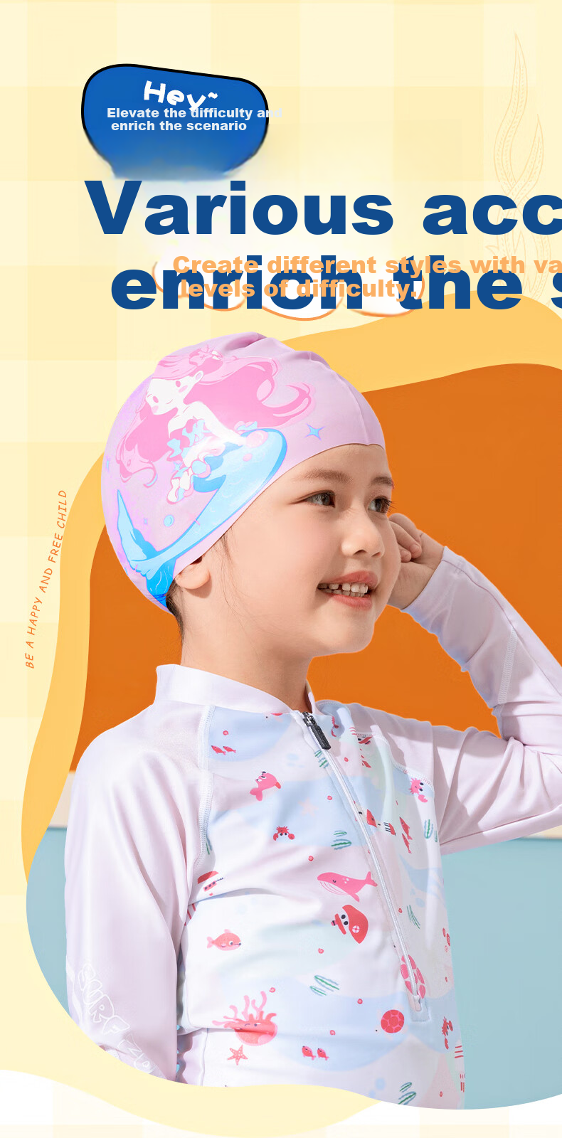361° Children's Swim Cap for Girls, Non-Binding Silicone High-Elastic Comfortable Long Hair Baby Swimming Training Equipment Cap 1