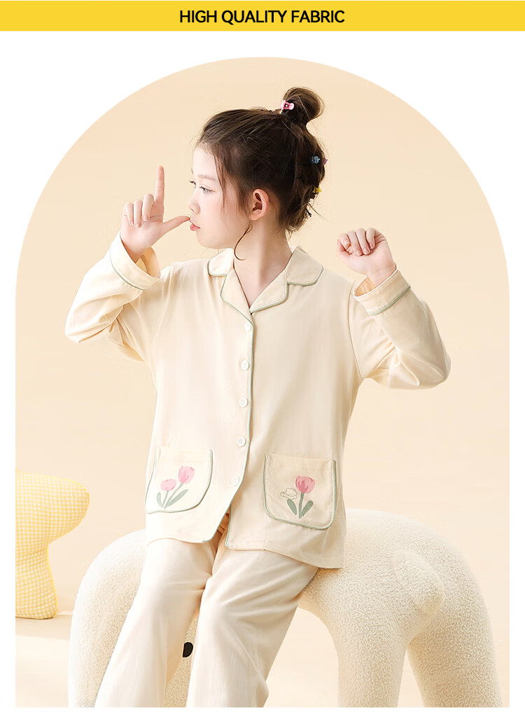 Bingxue Kapok Children's Pajamas Girls' Pure Cotton Class A Spring and Autumn Cardigan Set Long Sleeve Pants Homewear Two-Piece Set for Older Kids 1