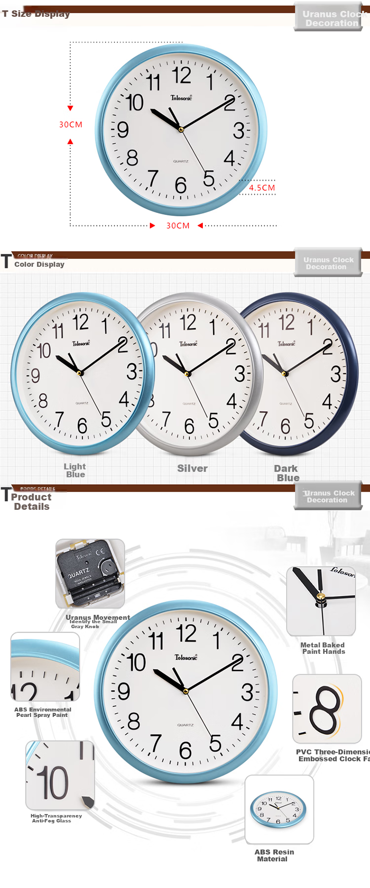 Telesonic Wall Clock, Home Living Room Clock, No Drilling Required, Wall-Mounted, Simple Design, Electronic Clock, Decorative Quartz Clock, 30cm 5