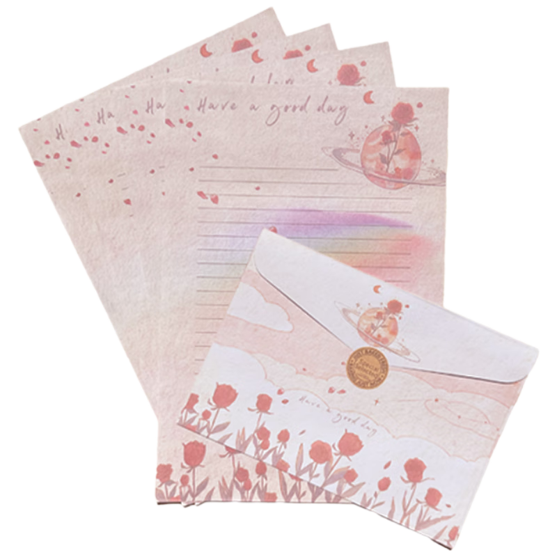 Jufu Rose Planet Envelope and Letter Paper Set High-Value Handwritten Romantic Creative Blessing Birthday Valentine's Day Graduation Children's Day 520 Gift 4 Envelopes 4 Letter Papers