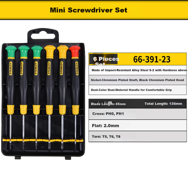 STANLEY 6-Piece Set of Mini Precision Screwdriver Bits: Flathead, Phillips, And Torx 66-391