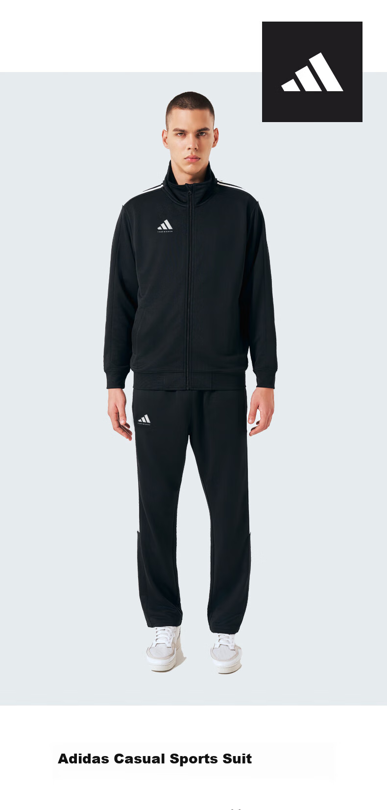 Adidas Spring Running Sportswear Set for Men, Outdoor Windproof Jacket And Long Pants Two-Piece Suit, Black/white, Size L 1