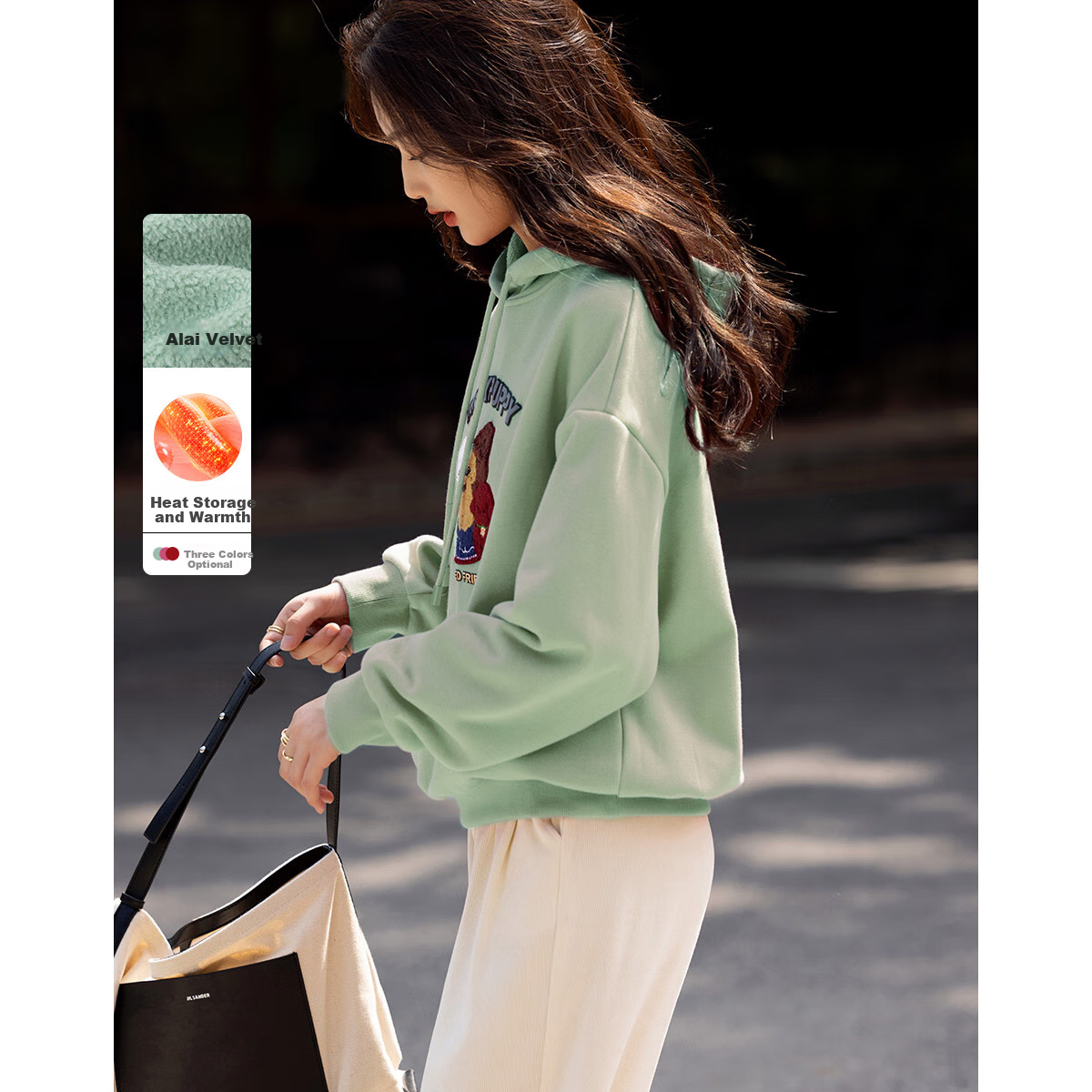 Dme Winter Casual Hooded Letter Animal Towel Embroidery Fleece-Lined Warm Sweatshirt Women's Top, Light Water Green, XL