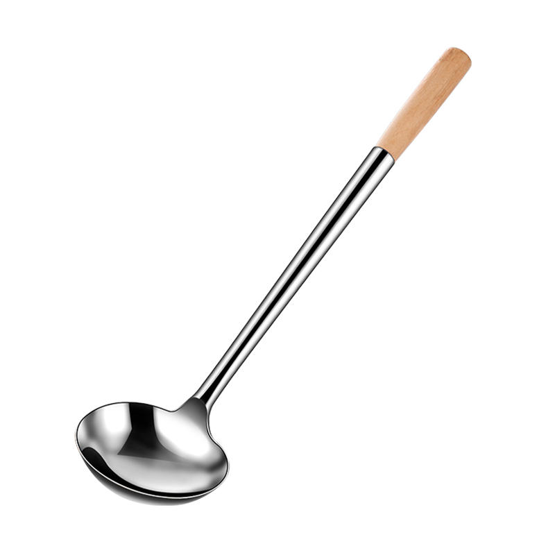 FISDDIS Extra Thick Stainless Steel Stir Fry Ladle 8 Oz Wooden Handle Commercial Cooking Spoon Long Handle Chef Soup and Serving Spoon