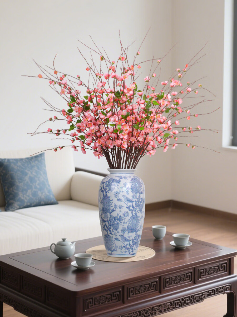 Qiju Yaji Artificial High Branch Peach Blossom Chinese Style Ornament Set of 2 with 9 Branches for Homestay Tea Room Living Room Dining Table Floral Decoration 20395 2