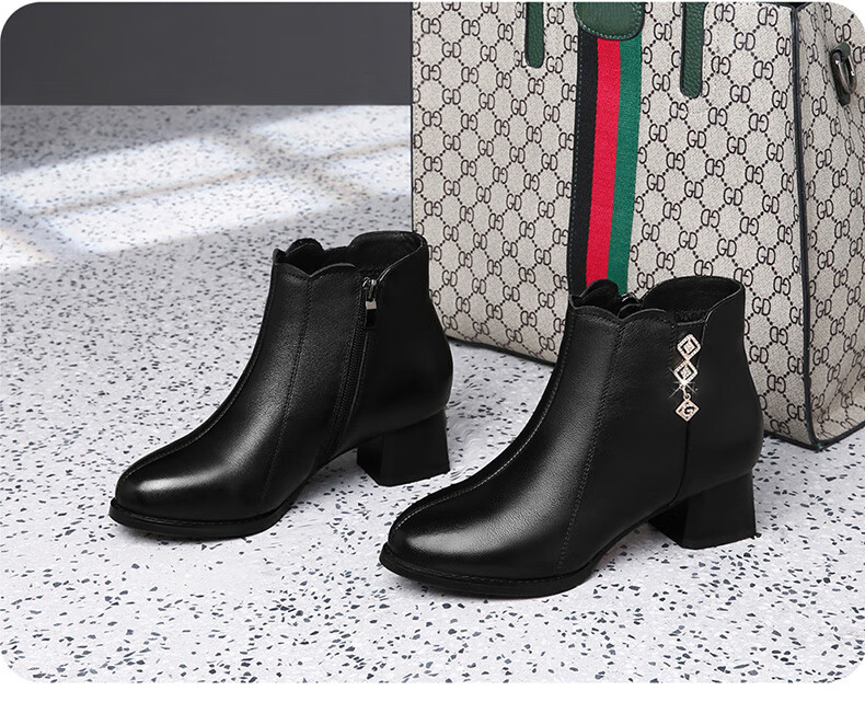FUGUINIAO Genuine Leather Cowhide Women's Ankle Boots Autumn Winter Fleece Lined Warm Pointed Toe Chunky Heel Fashion Boots Black Size 35 4