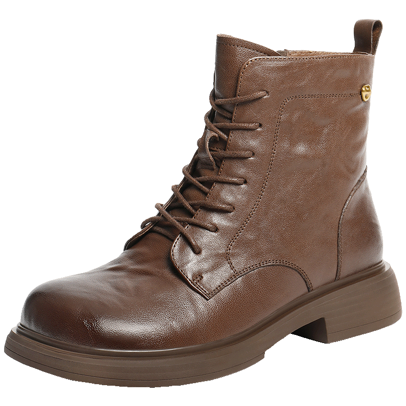 Belle Ruched Martin Boots Women 2025 Winter New Sheepskin Leather Fashion Boots JD008DD5 Brown - Fleece Lined Size 35