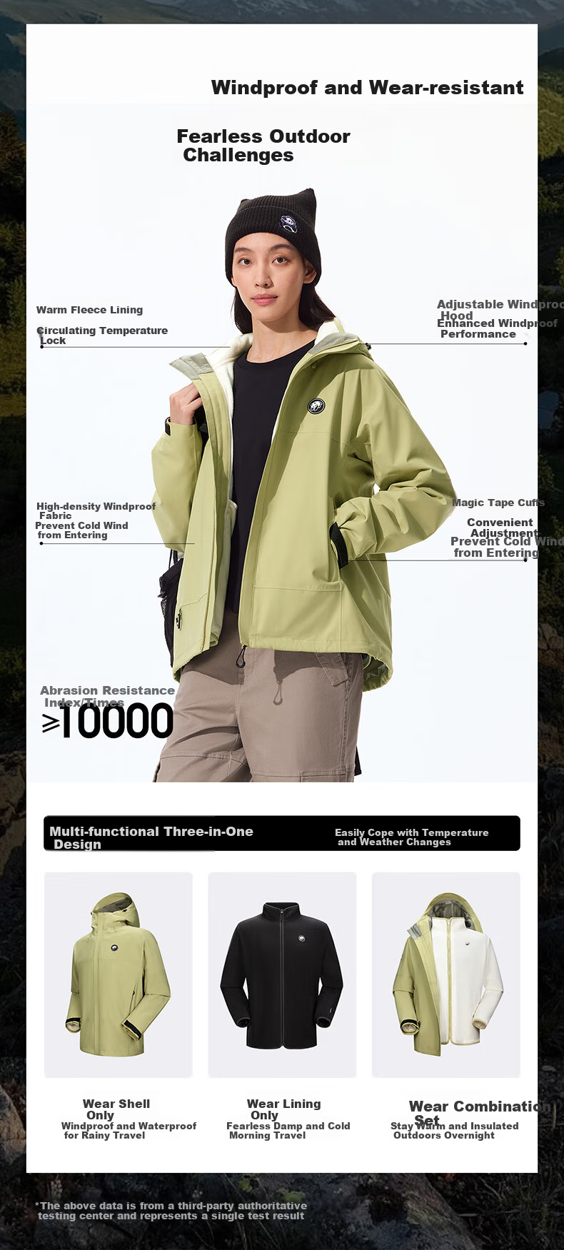 CAMEL Panda Windbreaker, Men's And Women's Three-In Jacket, Outdoor Hiking Wear, A35CA6LB296, Lime Green, Size L 18
