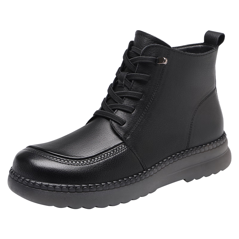 Red Dragonfly Women's Martin Boots Winter Fleece Warm Thick Sole Short Boots Versatile Fashion Cotton Leather WTC457681H Black Size 36
