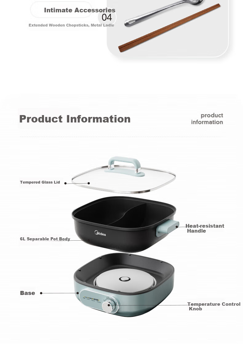 Midea Electric Hot Pot, Dual-Sided Pot for Home Use, 4-6 People, 6L Capacity, Titanium And Ceramic, Zero Fluorine, Antibacterial, Dormitory Style, Detachable Design, 9CM Deep, Multifunctional, Bionic Non-Stick Pot, New Electric Cooker, Self-Operated 24