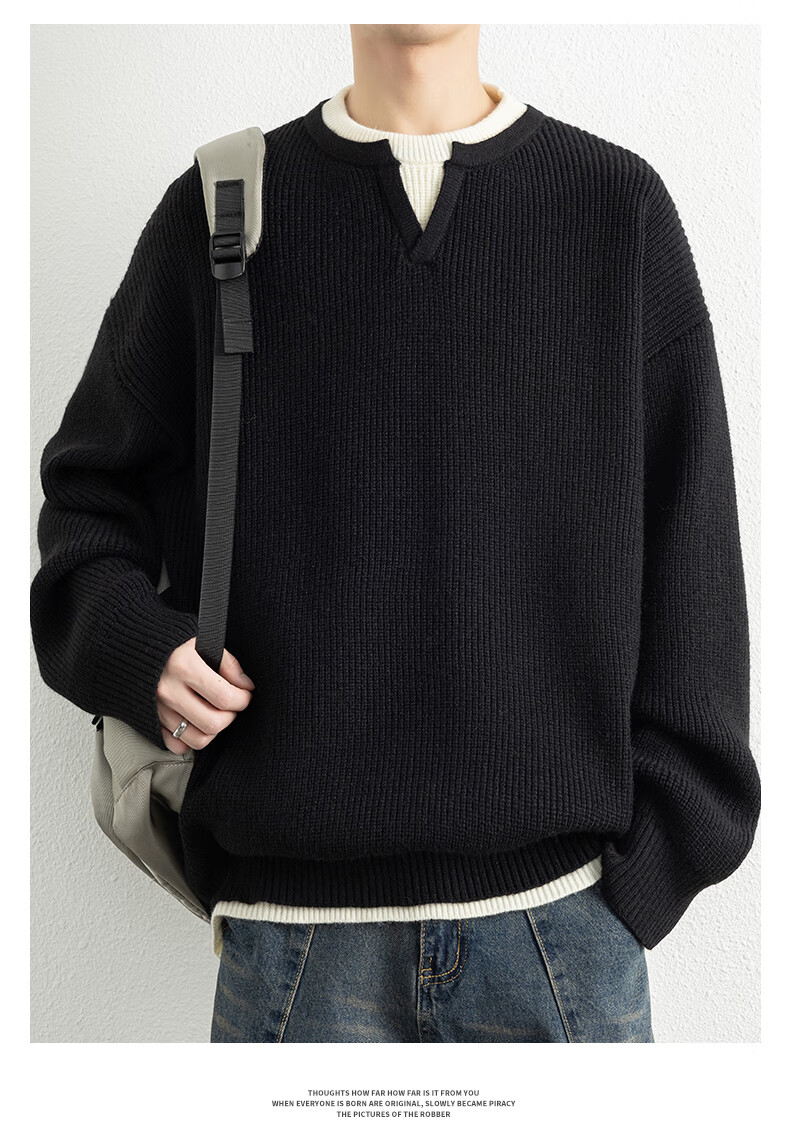 ROMON Men's Autumn Thickened Knitted Sweater, Round Neck, Fake Two-Piece Casual Versatile Pullover, Black 3XL ZH6012 3