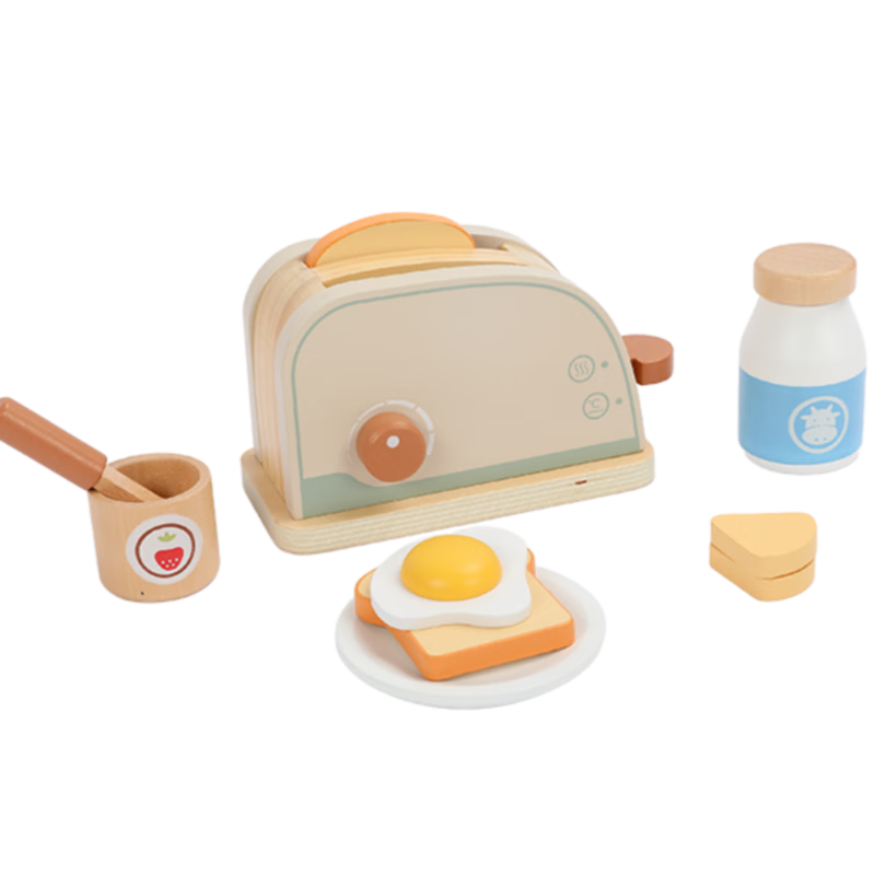Figani Mini Play Kitchen Bread Maker Toy Set Wooden Pretend Cooking Utensils for Kids Girls Birthday Gift